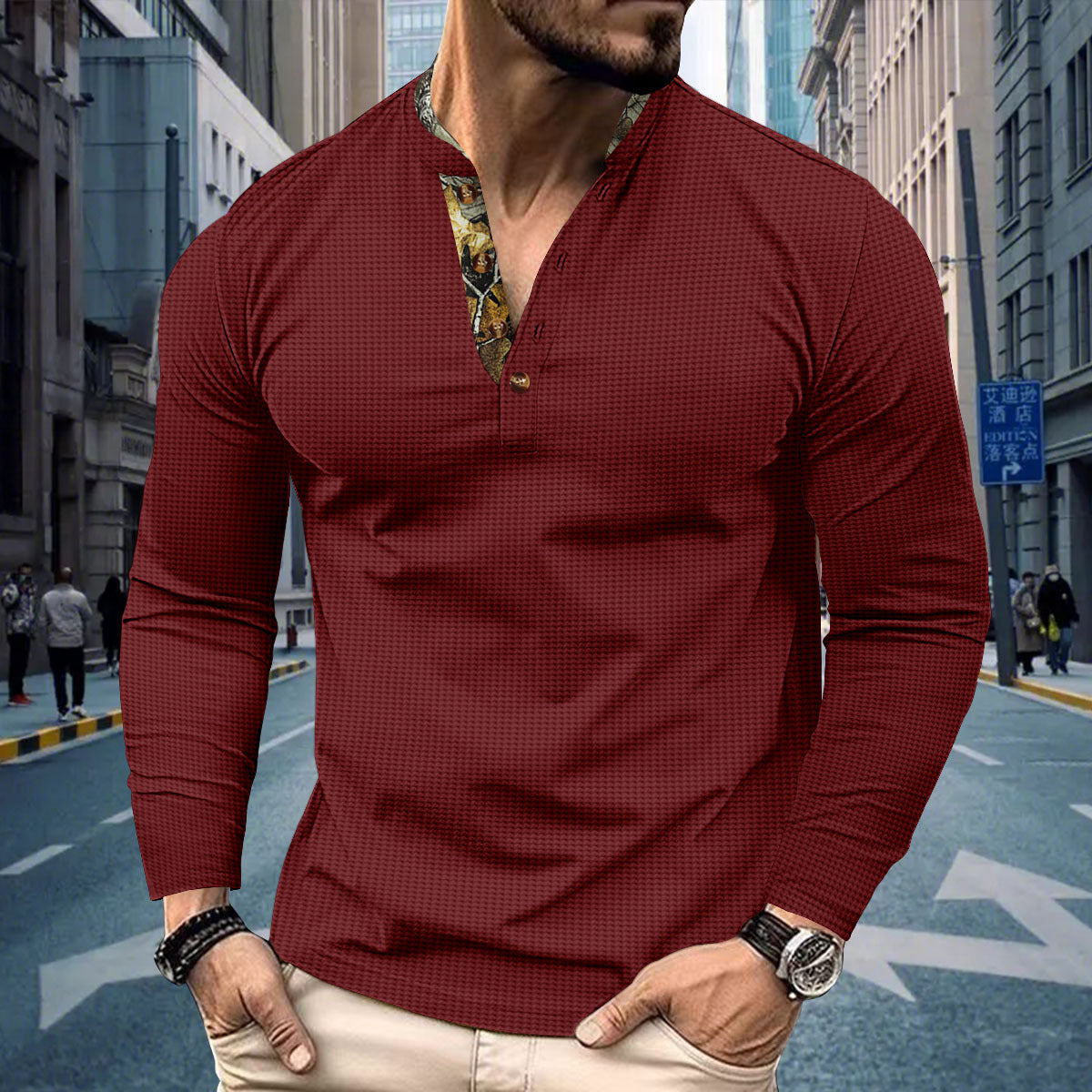 Men's Polo Shirt Double-layer Stand Collar Long Sleeve