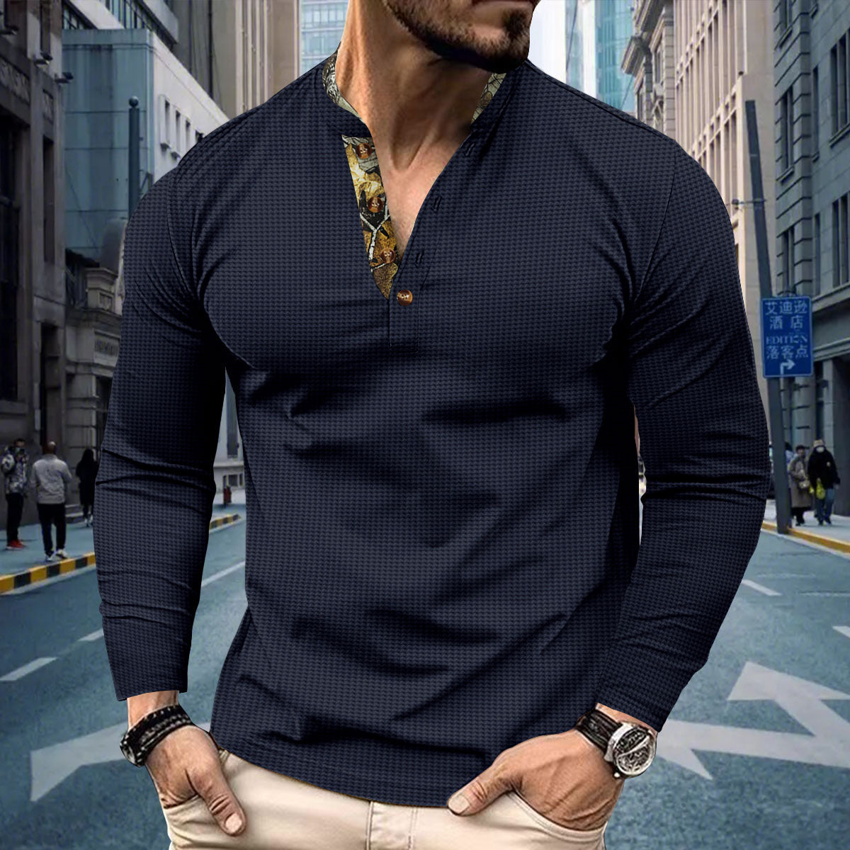 Men's Polo Shirt Double-layer Stand Collar Long Sleeve